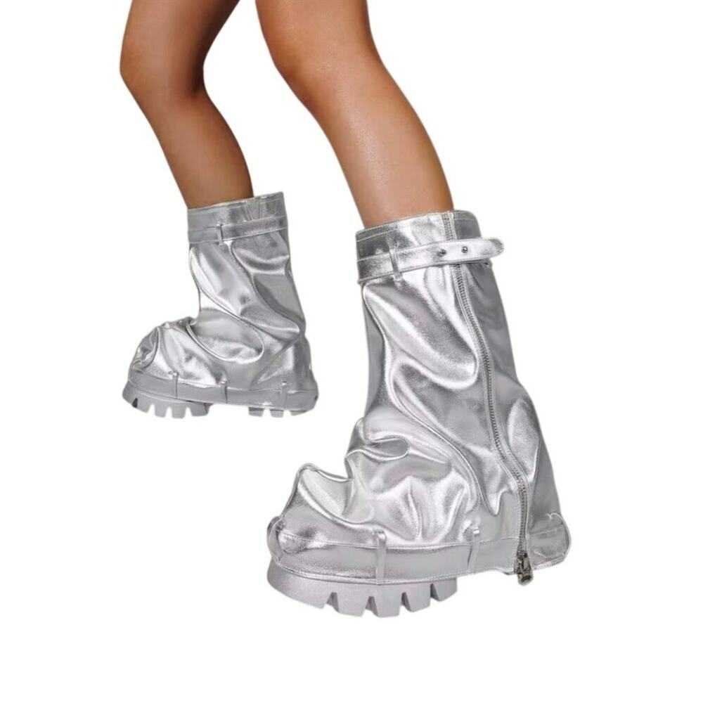 Fold Over Slouchy Silver Boots For Women Chunky Pull On Silver Mid Calf Boots